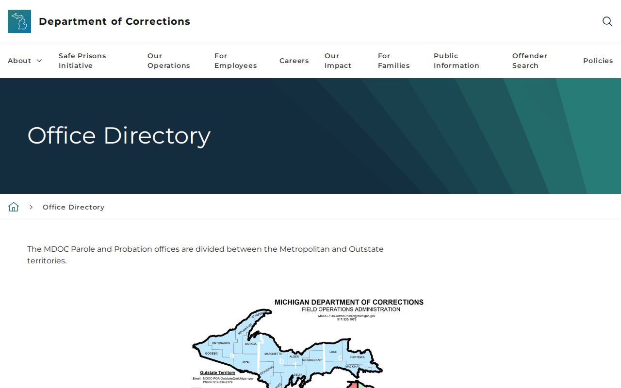 MDOC office directory used for Isabella County parole and probation verification